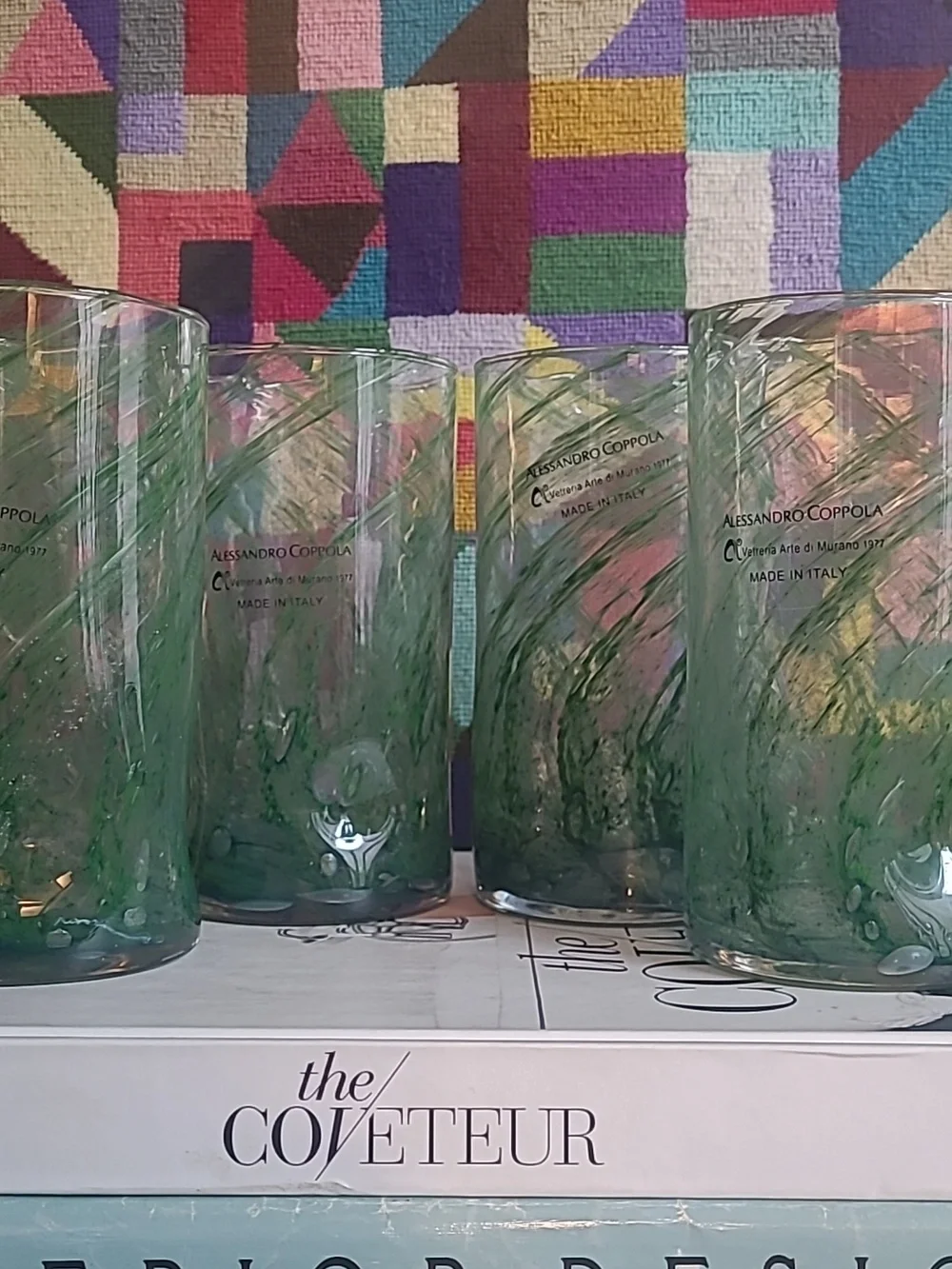MURANO HANDBLOWN GLASS GREEN SWIRL HIGHBALL CUPS SET OF 4